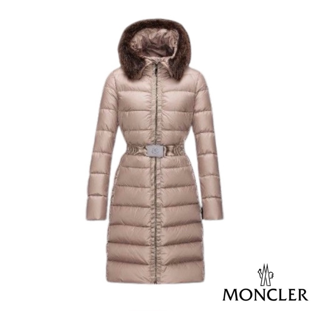MONCLER taupe belted puffer coat